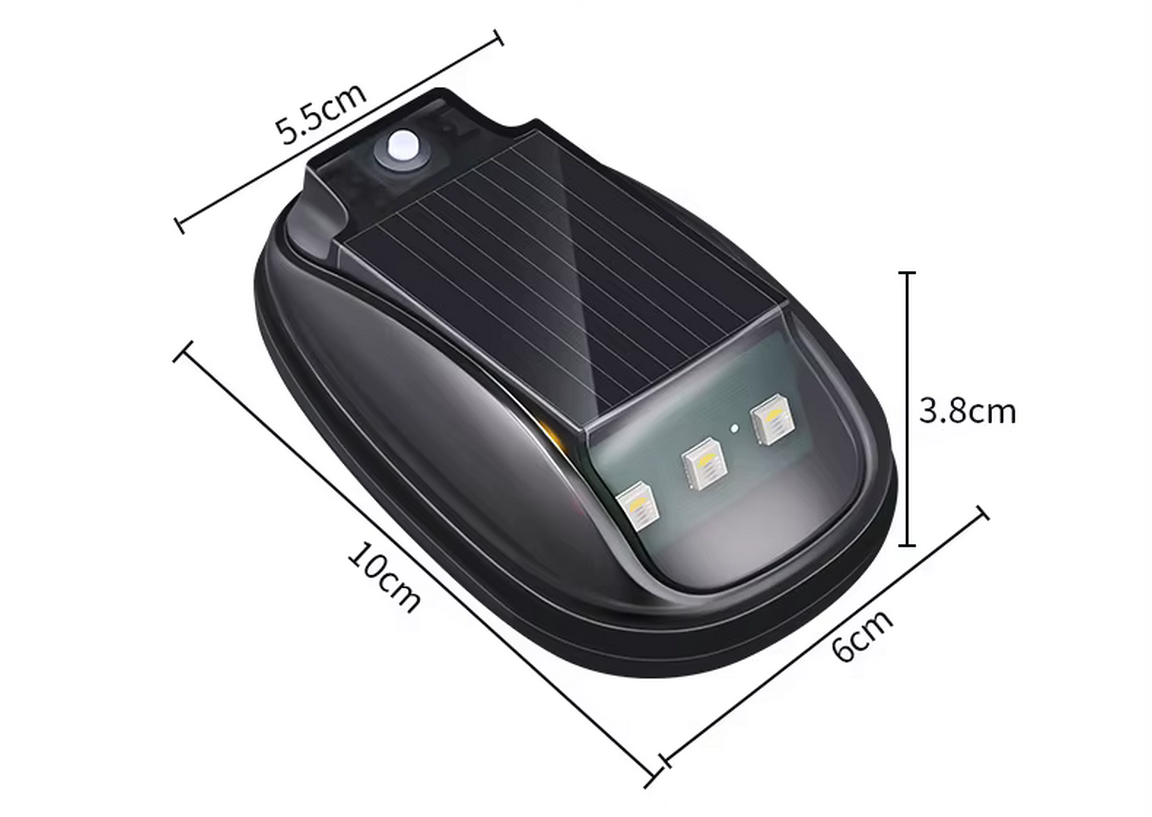 Lampe solaire noire avec panneau photovoltaïque et trois LED, dimensions indiquées : 10 × 6 × 3,8 cm et 5,5 cm